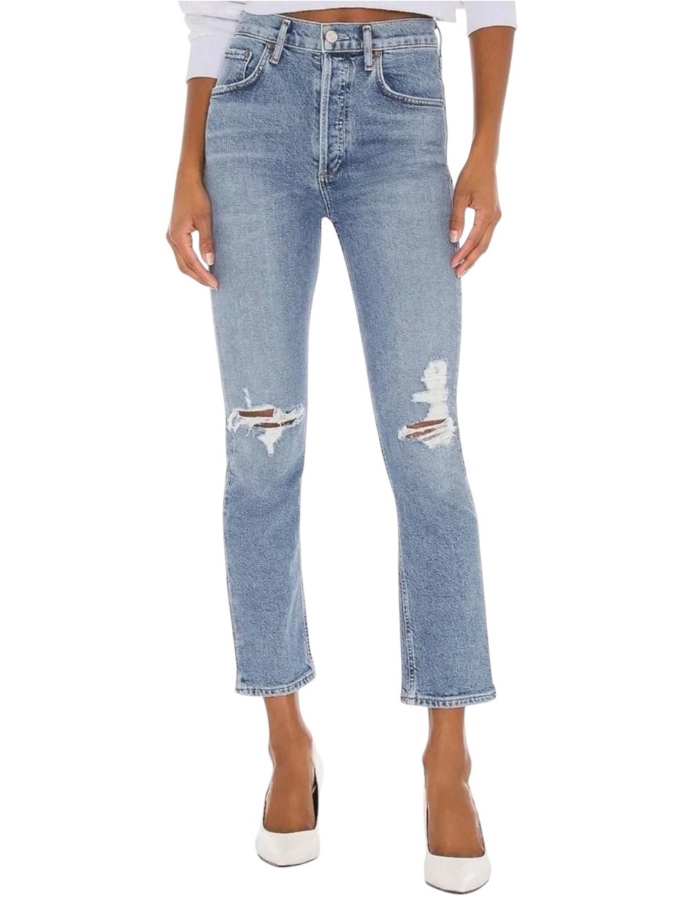 AGOLDE Riley High Rise Straight Crop Distressed Jeans Blue